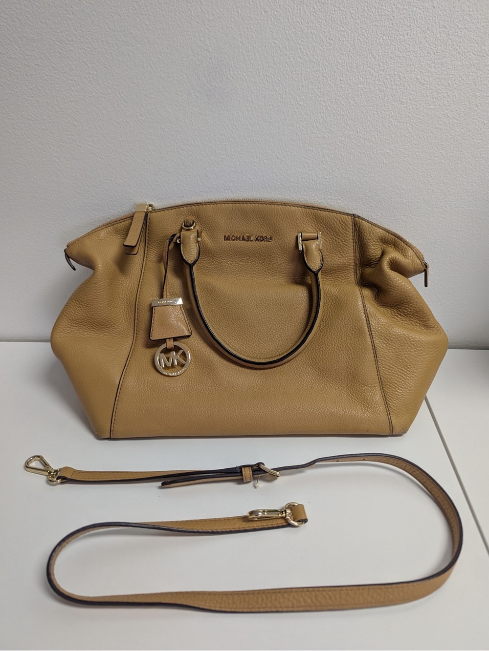 Michael Kors Camel Leather Shoulder Satchel with Detachable Strap